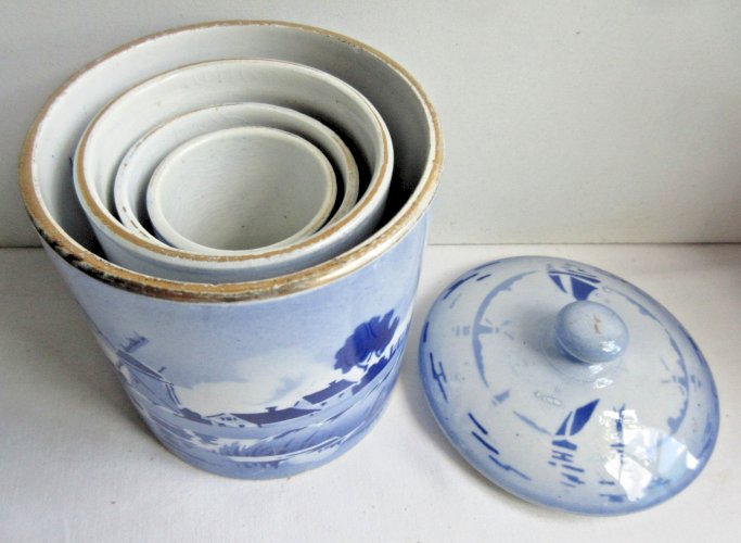 4 pots Art Déco, service à fumeur bleu Delft: moulin, voilier, port, pyrogène