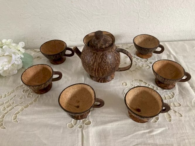 4 ⚜️ Service de 6 Tasses et Théière en Coquille de Noix De Coco