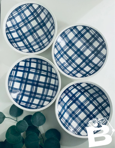 4 Soup plates / Pasta bowls Vintage England Tartan Blue