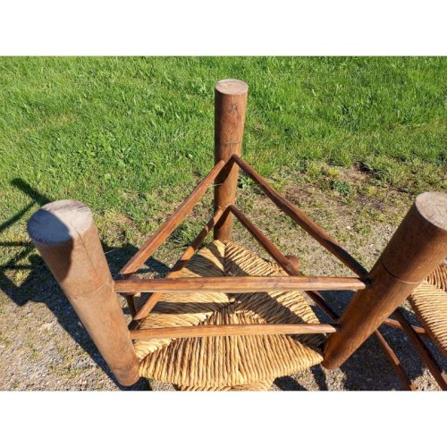 4 Tabourets bois et paille Tripodes Triangle vintage Perriand Circa 1950