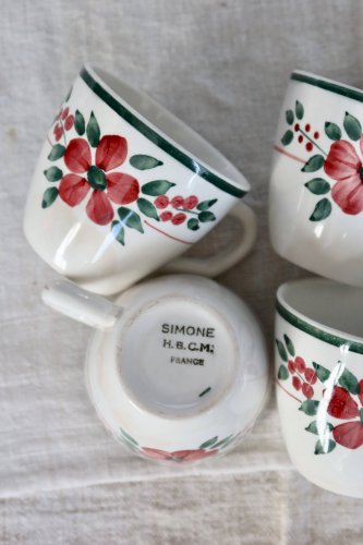 4 tasses à café antiques faïence – Creil & Montereau HBCM « Simone »