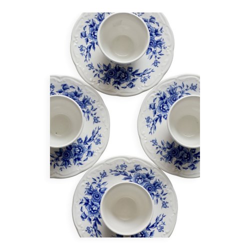4 tasses anciennes en faïence Sarreguemines bleue et blanche - Soucoupes as