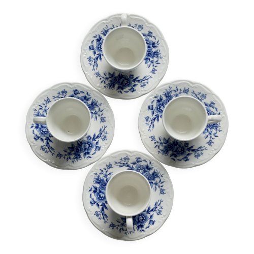 4 tasses anciennes en faïence Sarreguemines bleue et blanche - Soucoupes as
