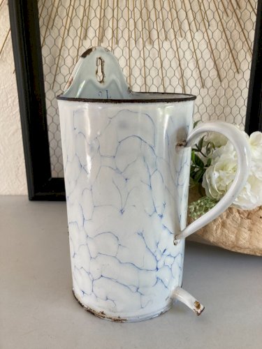 425⚜️ Décoration Ancien Broc Pot De Lavement en Tôle Émaillée Vintage