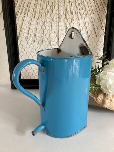 425⚜️ Décoration Ancien Broc Pot De Lavement en Tôle Émaillée Vintage