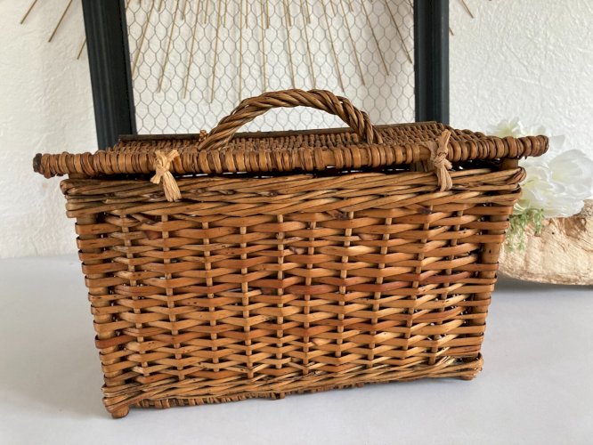 425 ⚜️ Décoration Ancien Petit Panier en Rotin et Osier Vintage Longueur 29 Cm