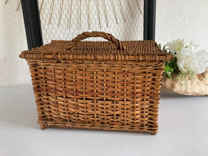 425 ⚜️ Décoration Ancien Petit Panier en Rotin et Osier Vintage Longueur 29 Cm