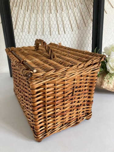 425 ⚜️ Décoration Ancien Petit Panier en Rotin et Osier Vintage Longueur 29 Cm
