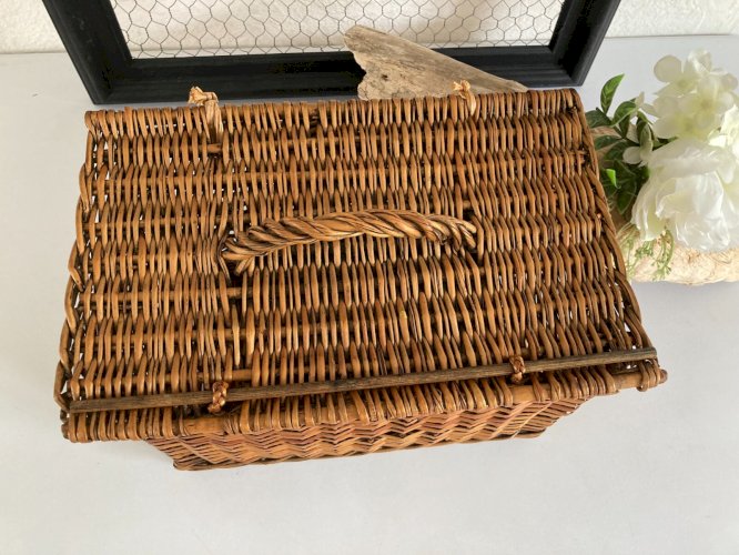 425 ⚜️ Décoration Ancien Petit Panier en Rotin et Osier Vintage Longueur 29 Cm