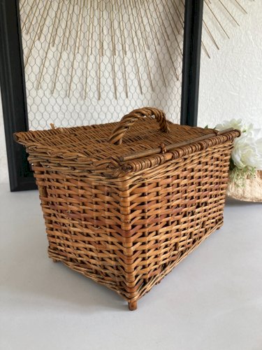425 ⚜️ Décoration Ancien Petit Panier en Rotin et Osier Vintage Longueur 29 Cm