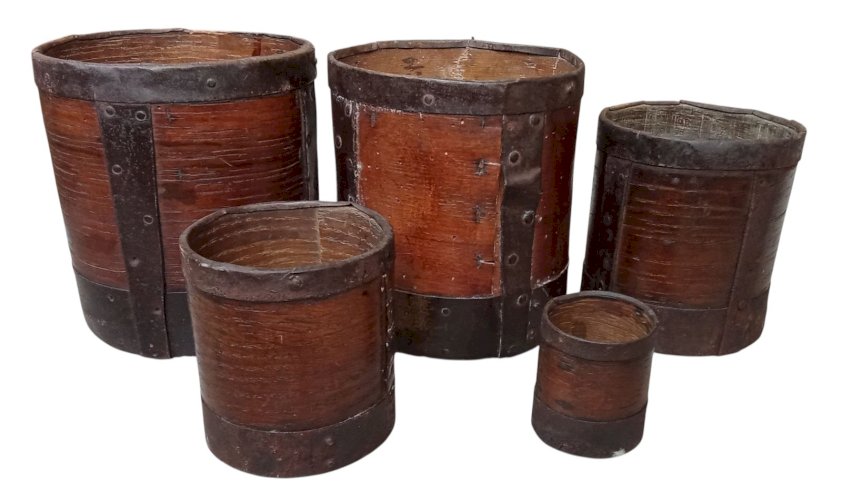 5 Anciennes Mesures À Grains Lobrot Paris Bois Fer Objet Ancien Art Populaire
