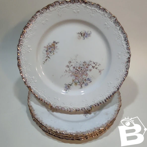 5 assiettes anciennes, Creil et Montereau, XIXe siècle – décor floral en relief, doré