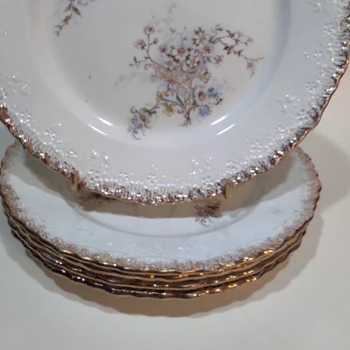 5 assiettes anciennes, Creil et Montereau, XIXe siècle – décor floral en relief, doré