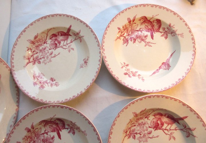 5 assiettes creuses, faïence de Sarreguemines Digoin: Favori en rose, 22,2 cm