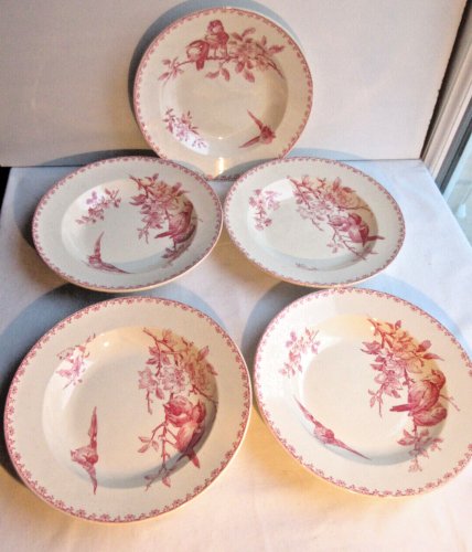 5 assiettes creuses, faïence de Sarreguemines Digoin: Favori en rose, 22,2 cm