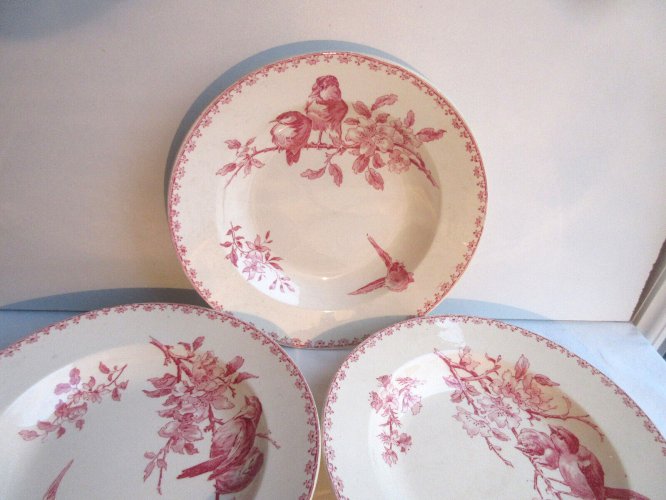 5 assiettes creuses, faïence de Sarreguemines Digoin: Favori en rose, 22,2 cm