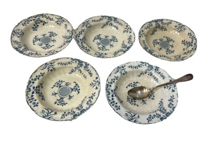 5 Assiettes creuses Minton Montrose – Faïence anglaise XIXe – 30 cm