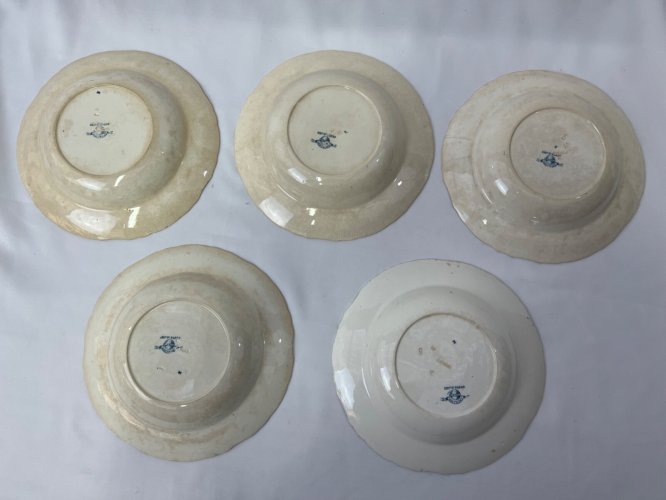 5 Assiettes creuses Minton Montrose – Faïence anglaise XIXe – 30 cm