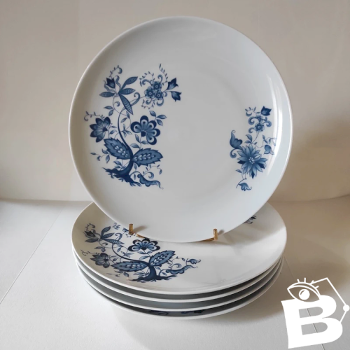 5 assiettes plates en porcelaine de Limoges, Feuillade France, décor inaltérable