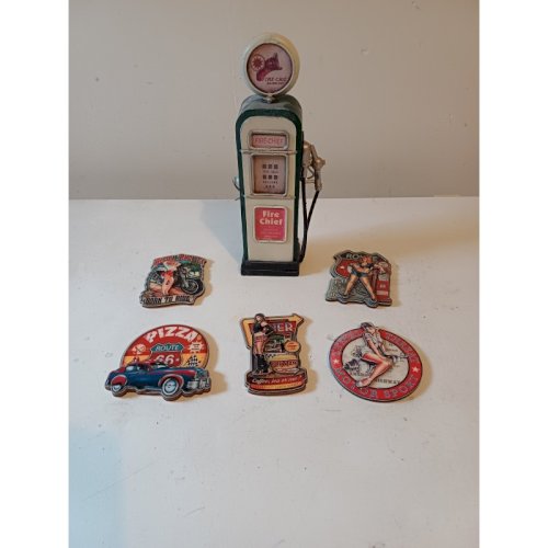 5 Magnets Bois Publicité USA Année 50 + Pompe Tole