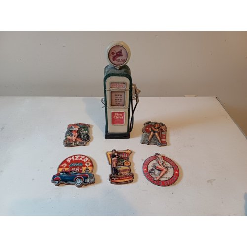 5 Magnets Bois Publicité USA Année 50 + Pompe Tole