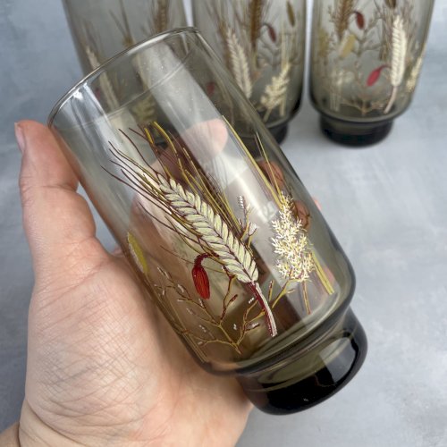 5 verre à orangeade ou limonade vintage fumé décor champêtre épis de blé
