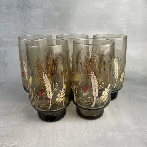 5 verre à orangeade ou limonade vintage fumé décor champêtre épis de blé