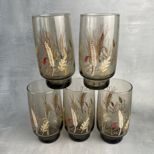 5 verre à orangeade ou limonade vintage fumé décor champêtre épis de blé
