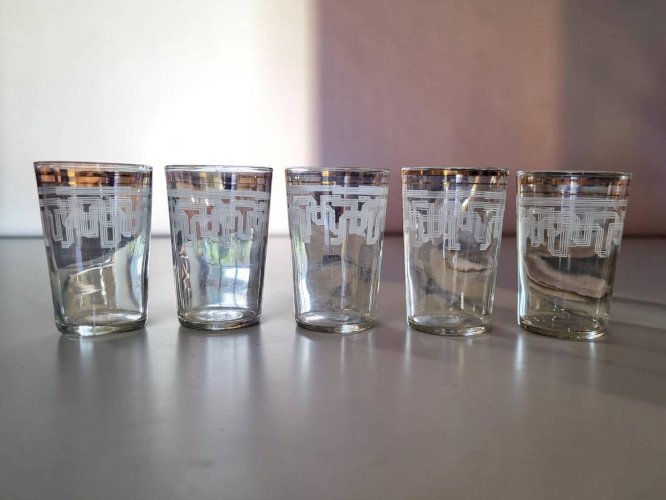 5 verres / gobelets vintage, décor géométrique Art Déco