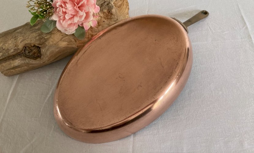 525⚜️ Ancienne Poêle Ovale en Cuivre Gaillard Paris Made In France PTT Long 35