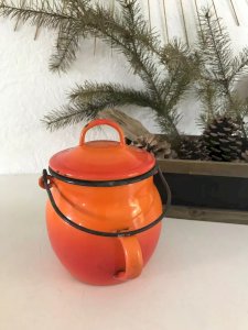 6⚜️ Vintage Orange Enamelled Tin Cauldron Pot