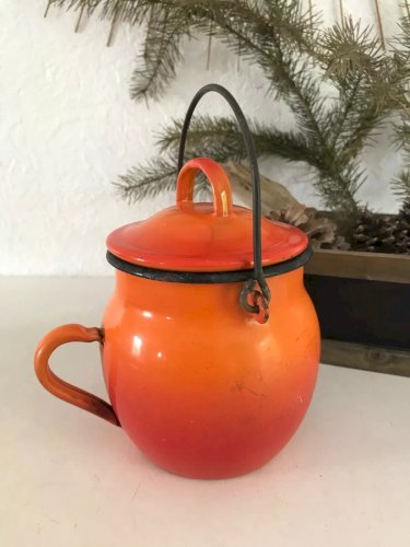6⚜️ Ancien Pot Chaudron Cocotte Marmite en Tôle Émaillés Orange Vintage