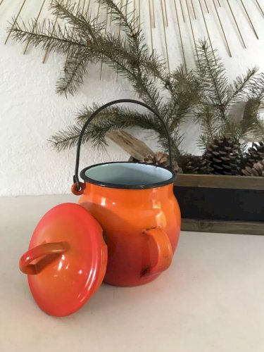 6⚜️ Ancien Pot Chaudron Cocotte Marmite en Tôle Émaillés Orange Vintage
