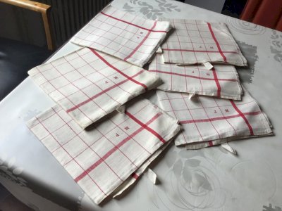 6 ANCIENT LINEN COTTON BEIGE DISH TOWELS WITH RED CROSS STRIPES 88 x 66