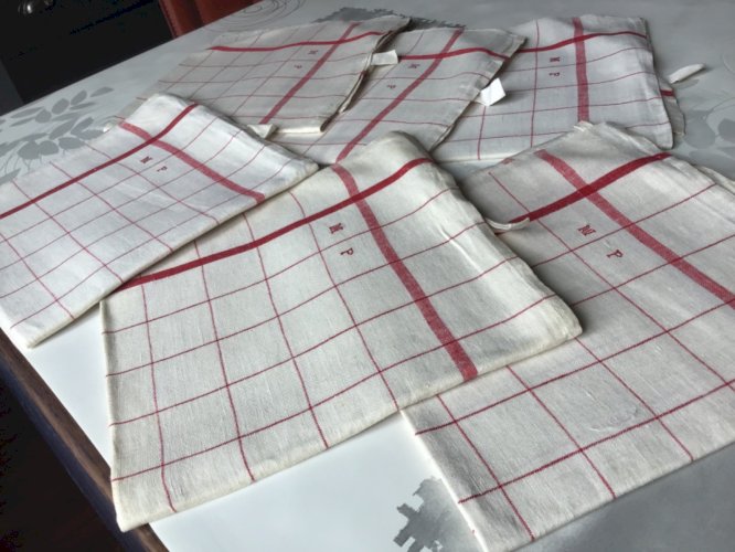 6 ANCIEN TORCHON LIN COTON BEIGE LITEAUX CROISES ROUGE ESSUIES VERRES 88 x66