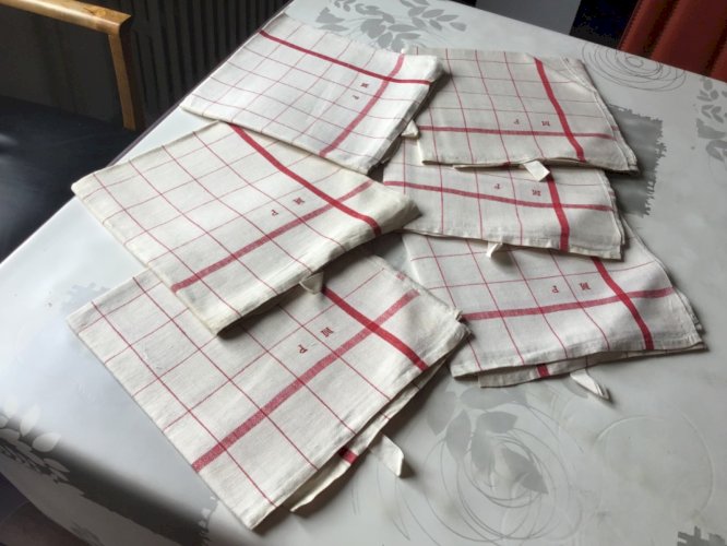6 ANCIEN TORCHON LIN COTON BEIGE LITEAUX CROISES ROUGE ESSUIES VERRES 88 x66