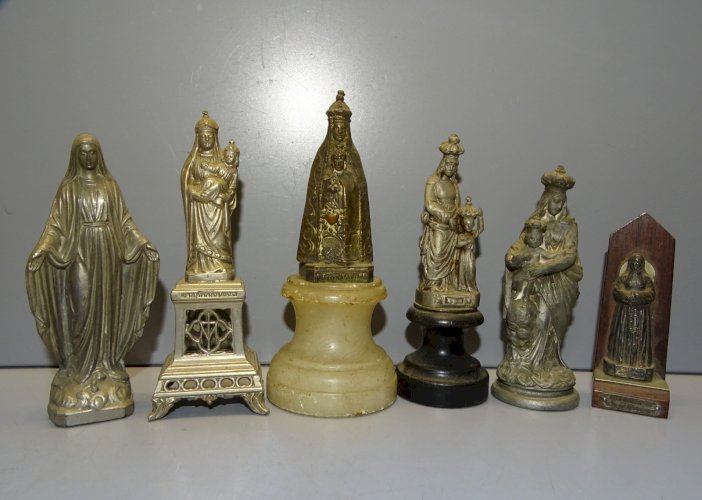 -6 ANCIENNES STATUES VIERGE MARIE 2 SUR SOCLE 1 BOIS NOIRCI 1 ALBATRE RELIGION D