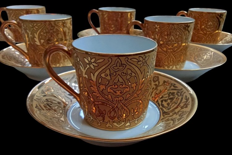 6 Anciennes Tasses Doré + Soucoupes L. Bernardaud Porcelaine Limoges Art Table