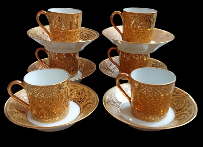 6 Anciennes Tasses Doré + Soucoupes L. Bernardaud Porcelaine Limoges Art Table