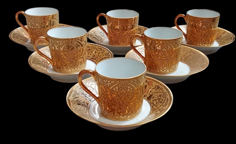 6 Anciennes Tasses Doré + Soucoupes L. Bernardaud Porcelaine Limoges Art Table