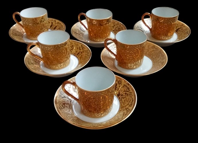 6 Anciennes Tasses Doré + Soucoupes L. Bernardaud Porcelaine Limoges Art Table