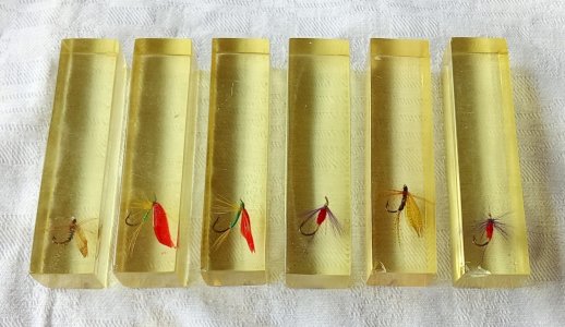 6 old knife holders resin inclusion fishing fly