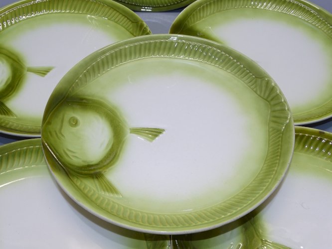 -6 ASSIETTES à décor de POISSON VERT CERAMIQUE MOULIN DES LOUPS GRAND FEU   D