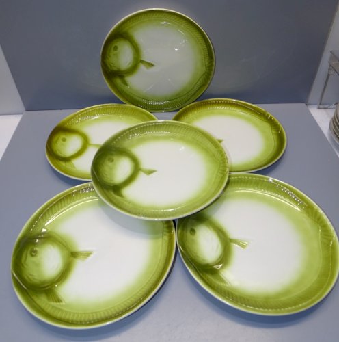-6 ASSIETTES à décor de POISSON VERT CERAMIQUE MOULIN DES LOUPS GRAND FEU   D