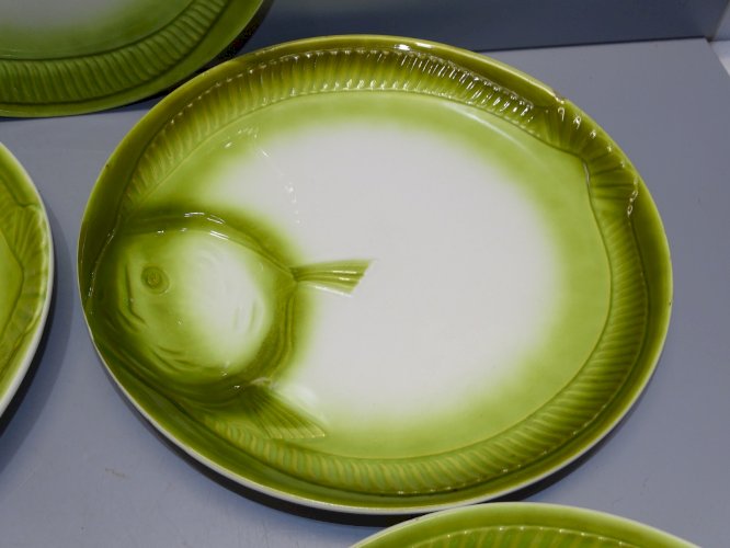 -6 ASSIETTES à décor de POISSON VERT CERAMIQUE MOULIN DES LOUPS GRAND FEU   D