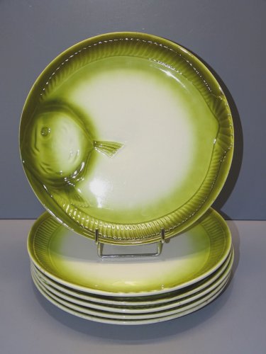 -6 ASSIETTES à décor de POISSON VERT CERAMIQUE MOULIN DES LOUPS GRAND FEU   D