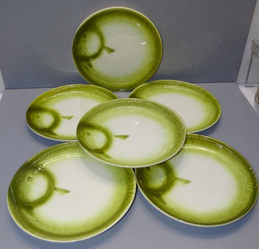 -6 ASSIETTES à décor de POISSON VERT CERAMIQUE MOULIN DES LOUPS GRAND FEU   D