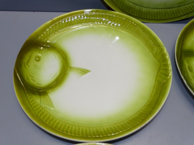 -6 ASSIETTES à décor de POISSON VERT CERAMIQUE MOULIN DES LOUPS GRAND FEU   D
