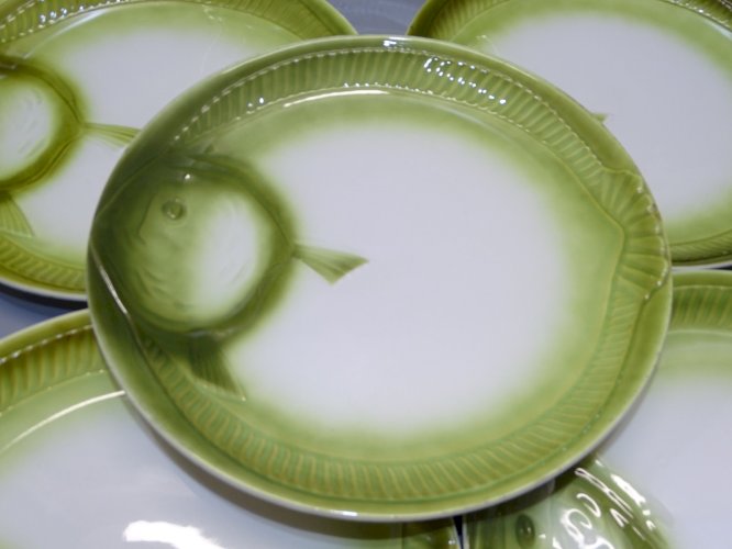 -6 ASSIETTES à décor de POISSON VERT CERAMIQUE MOULIN DES LOUPS GRAND FEU   D