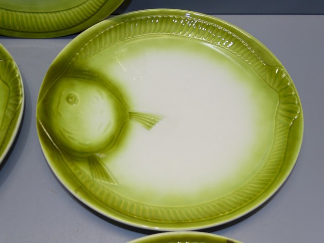 -6 ASSIETTES à décor de POISSON VERT CERAMIQUE MOULIN DES LOUPS GRAND FEU   D